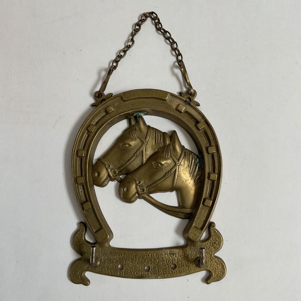Vintage Brass Equestrian Horseshoe Key Holder Double Horse Head With Chain Read